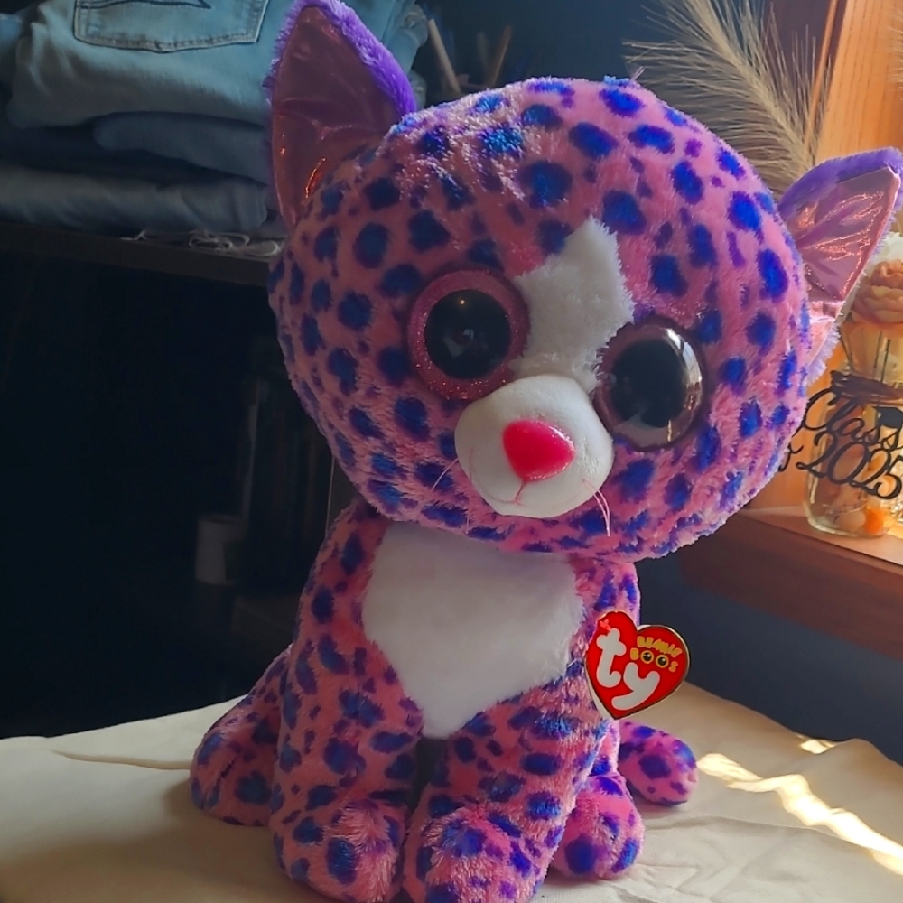 Ty Beanie Boo Purple and Pink Spotted Cat Plush